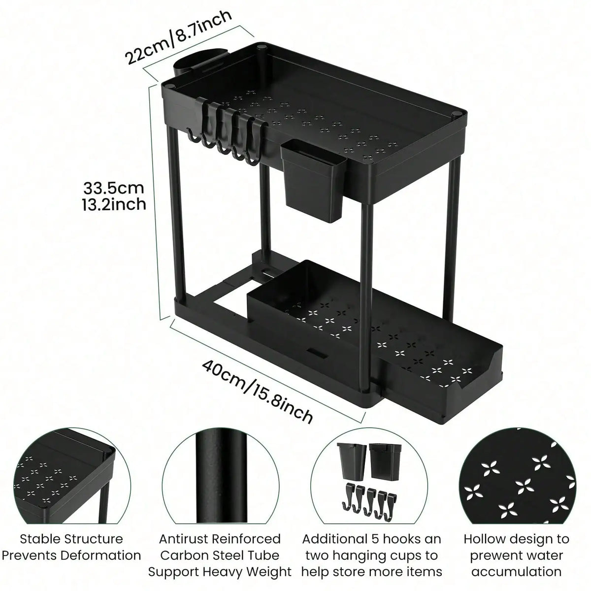 Pull Out Under Sink Storage Rack,2 Tier Sliding Cabinet Organizer with 5 Hooks+2 Detachable Cups,Stainless Steel Support Rods Plastic Trays,Black,Space Saver Shelf for Kitchen Bathroom Laundry Pantry Closet,Sturdy Freestandin